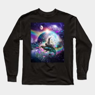 Llama Riding Rainbow Chameleon Lizard In Space Universe Long Sleeve T-Shirt